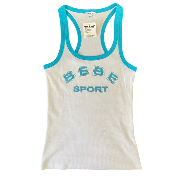 Vintage Bebe Sport Ribbed Tank Top White Blue Y2K McBling NWT Large USA Made - Picture 5 of 12